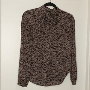 Aritzia talula black brown fern print tie neck top